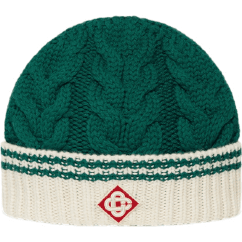 Bonnet de luxe à torsades vert sapin et crème avec logo