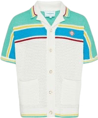 Polo à rayures turquoise, bleu et blanc avec détails contrastants