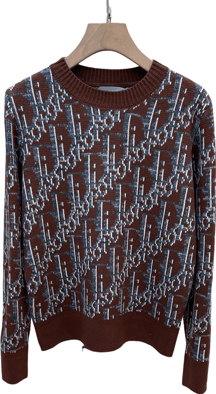 Pull géométrique à motif jacquard bleu blanc et marron