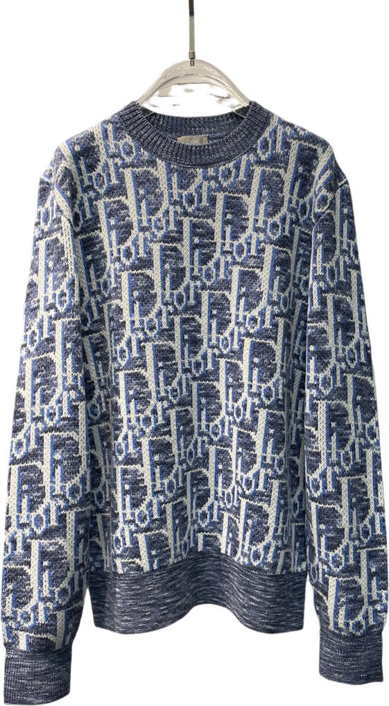 Pull Jacquard Motif Géométrique Bleu et Crème