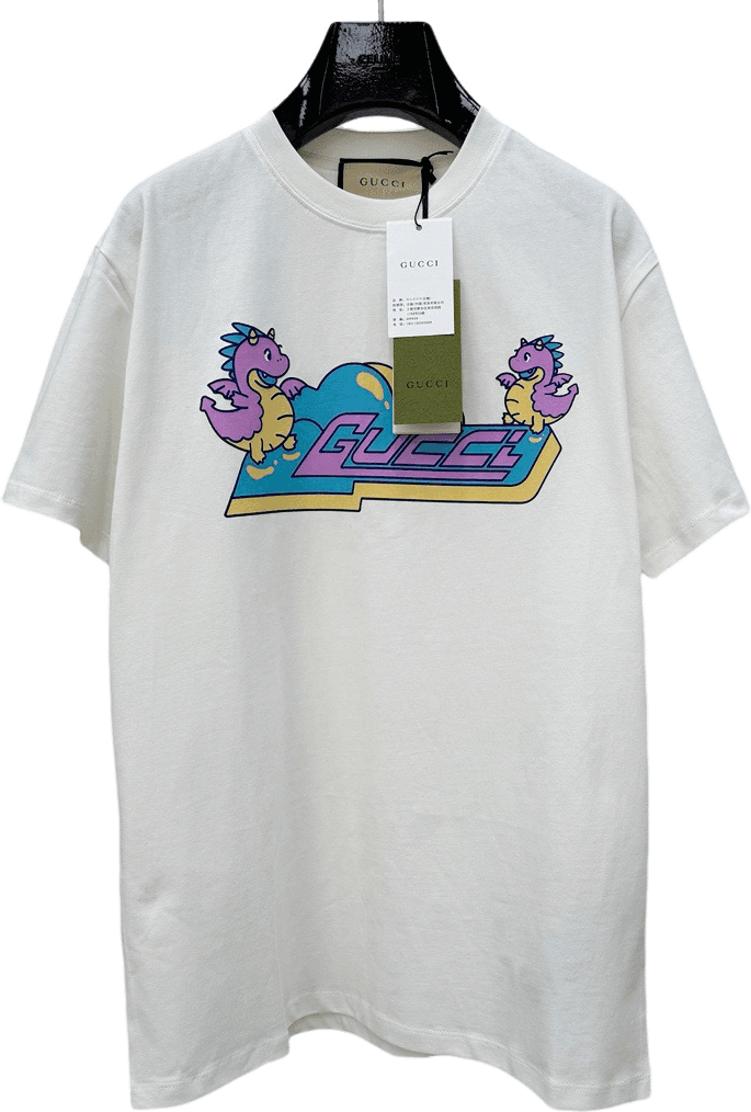 Gucci T-shirt Blanc Imprimé Dragons et Logo Gucci