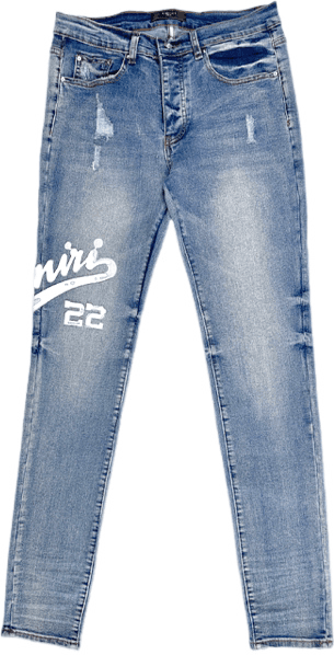 Pantalon Jean Amiri Distressed Bleu Délavé Logo Brodé