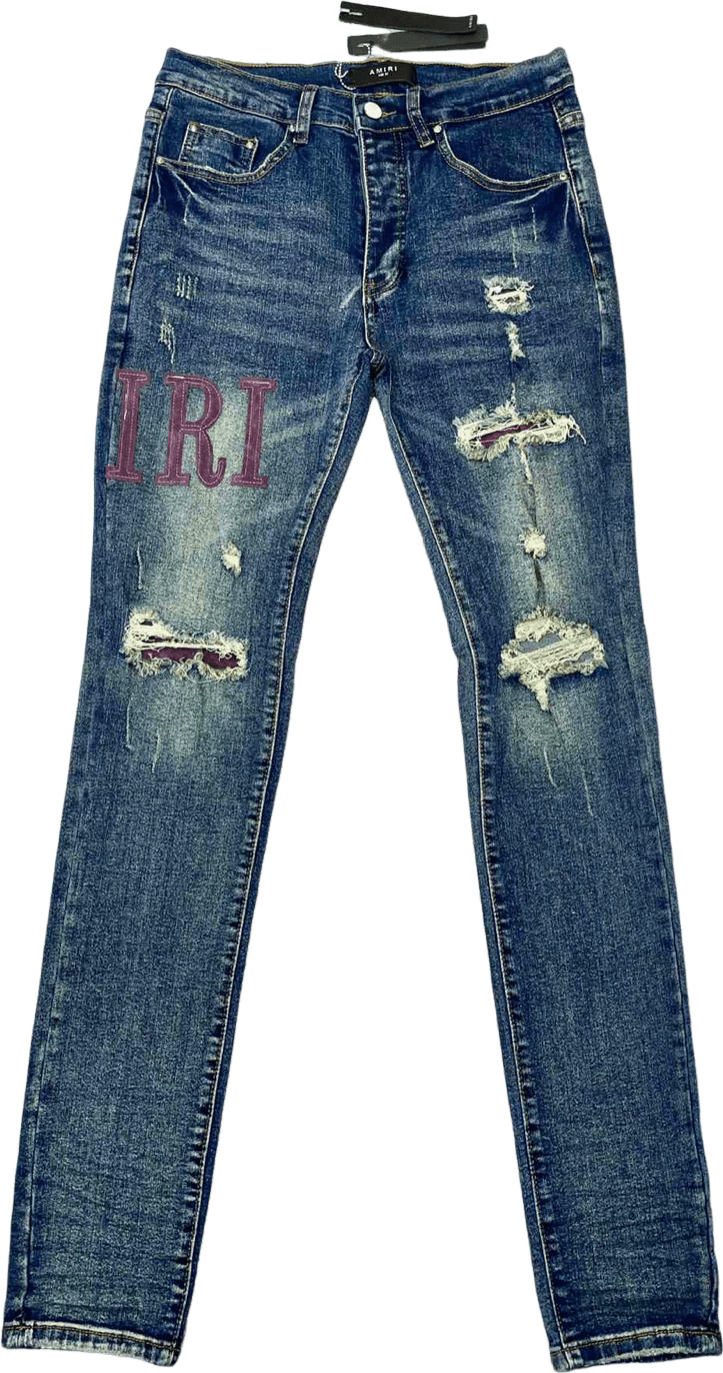 Amiri Jeans Distressed Bleu Délavé avec Logo Brodé