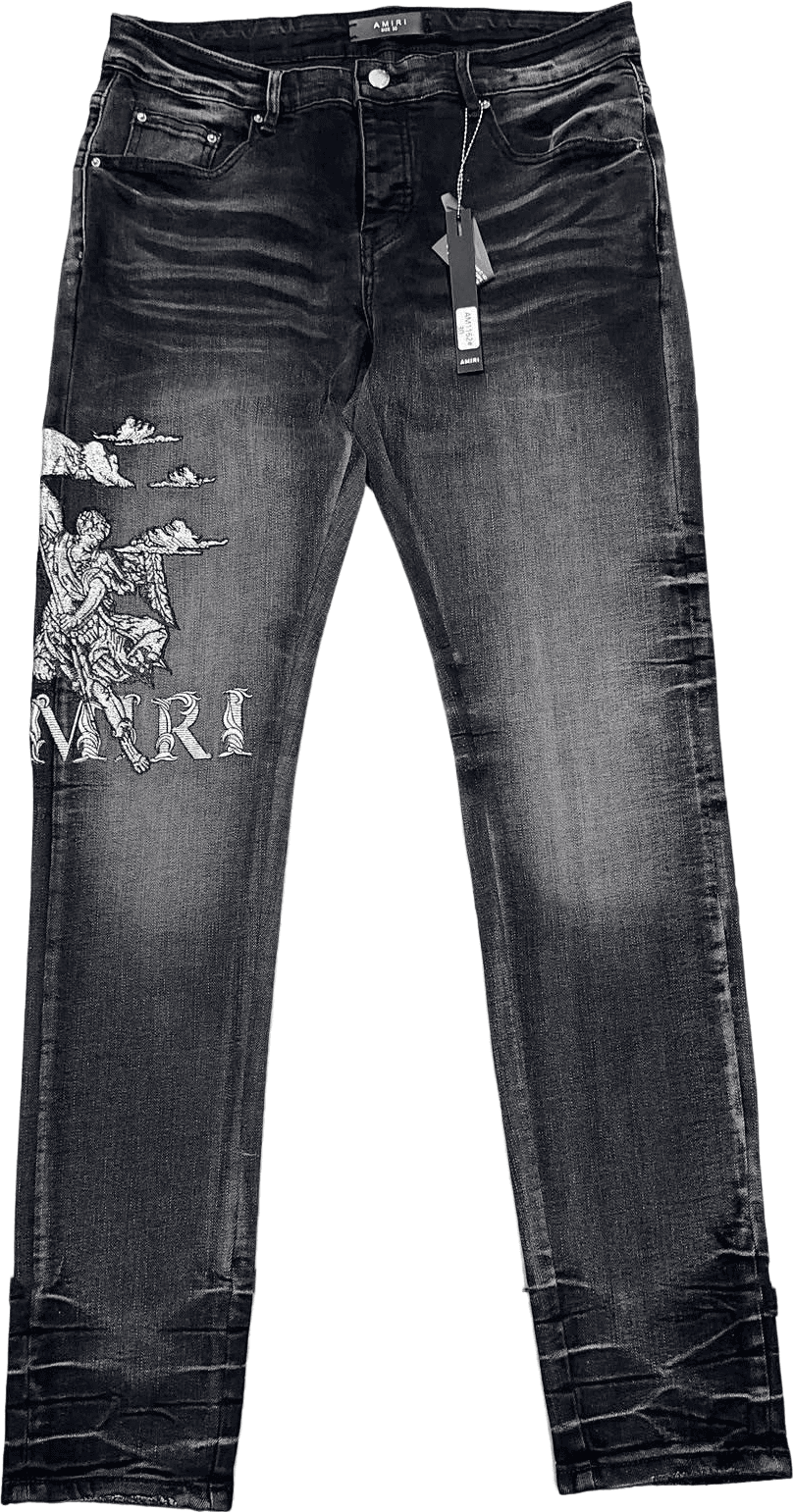 Amiri Jeans Noir Délavé avec Motif Angélique Brodé