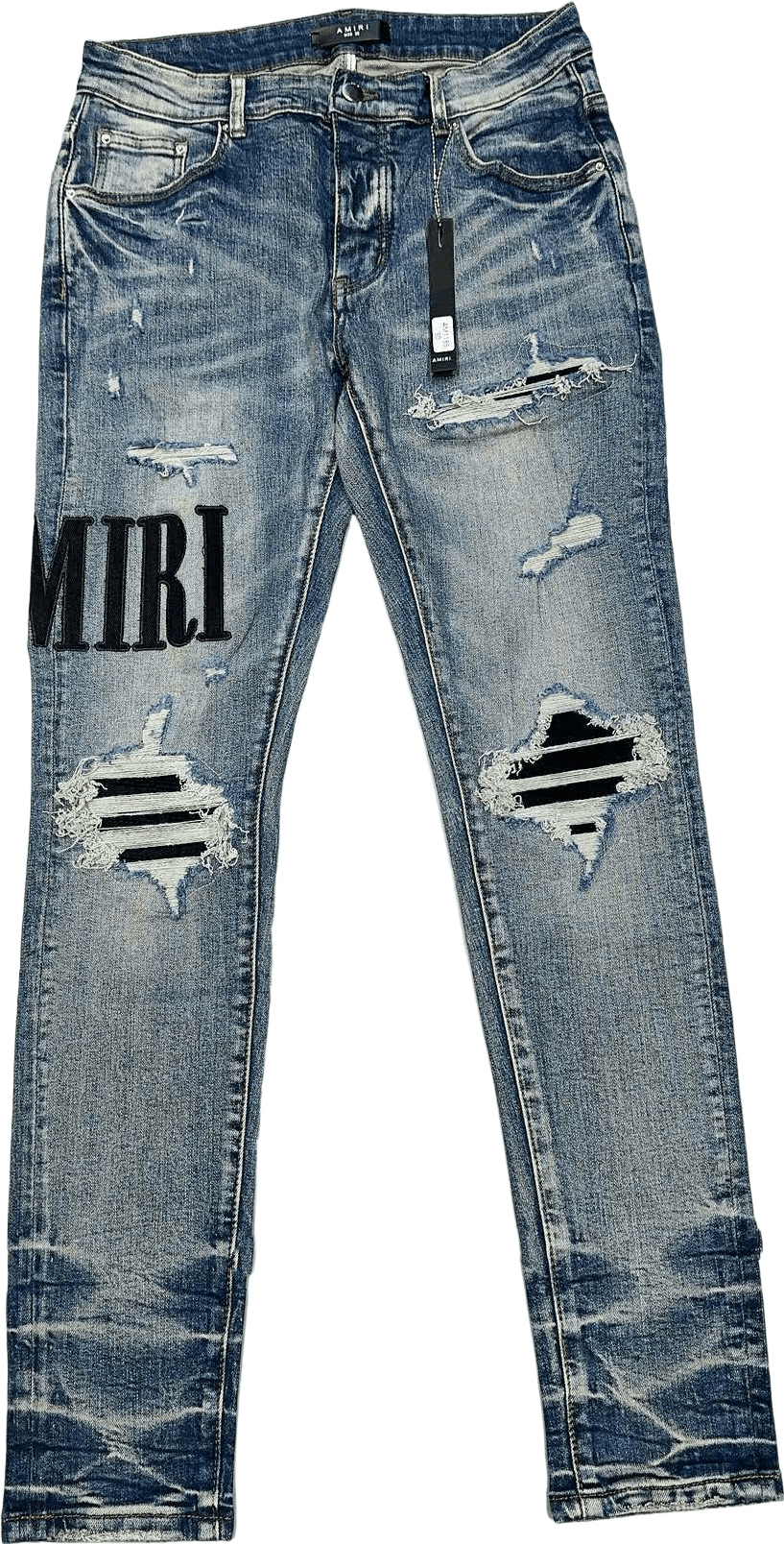 Amiri Jeans Distressed Bleu Délavé avec Logo