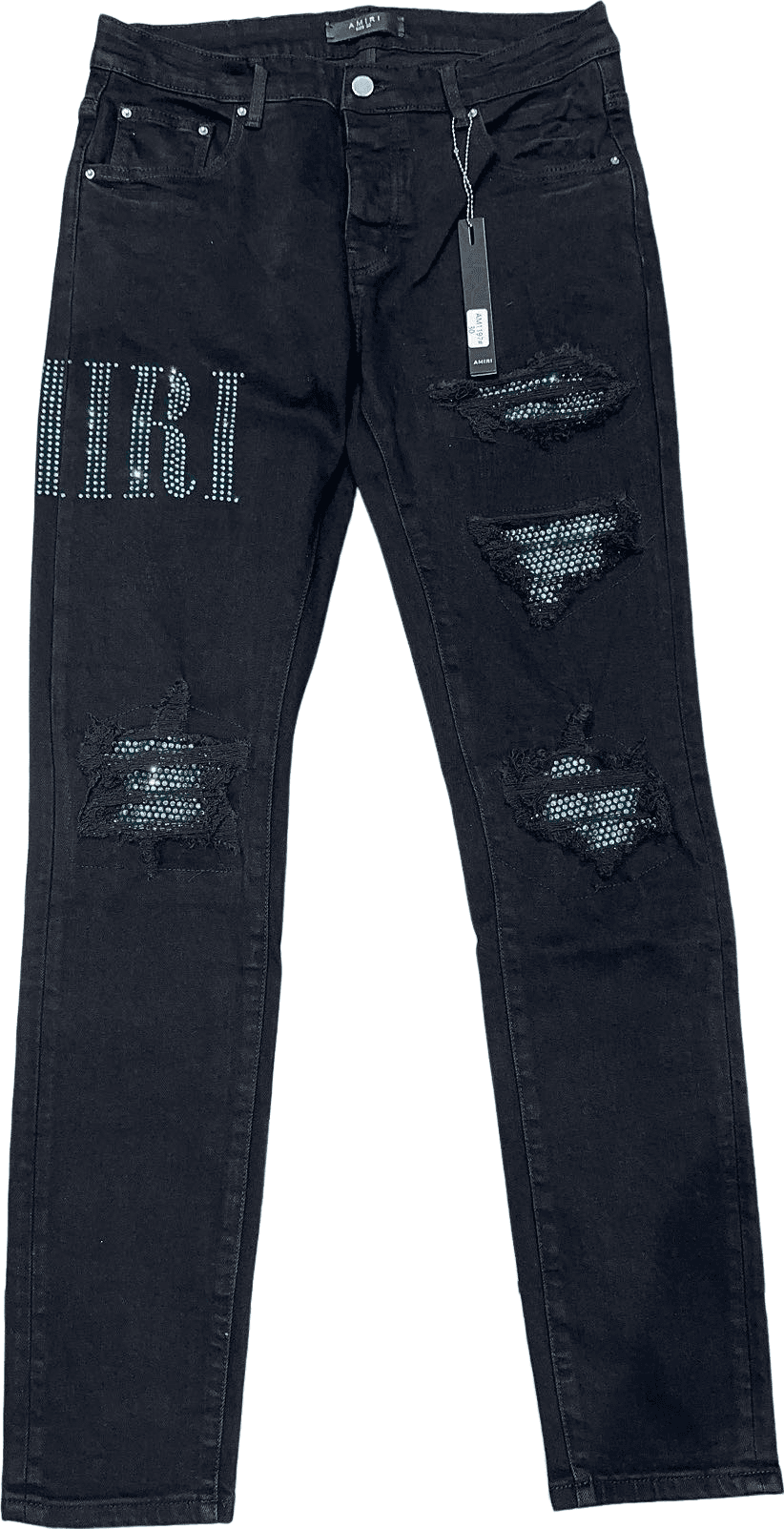 Amiri Pantalon Denim Noir Distressed avec Détails Rhinestones