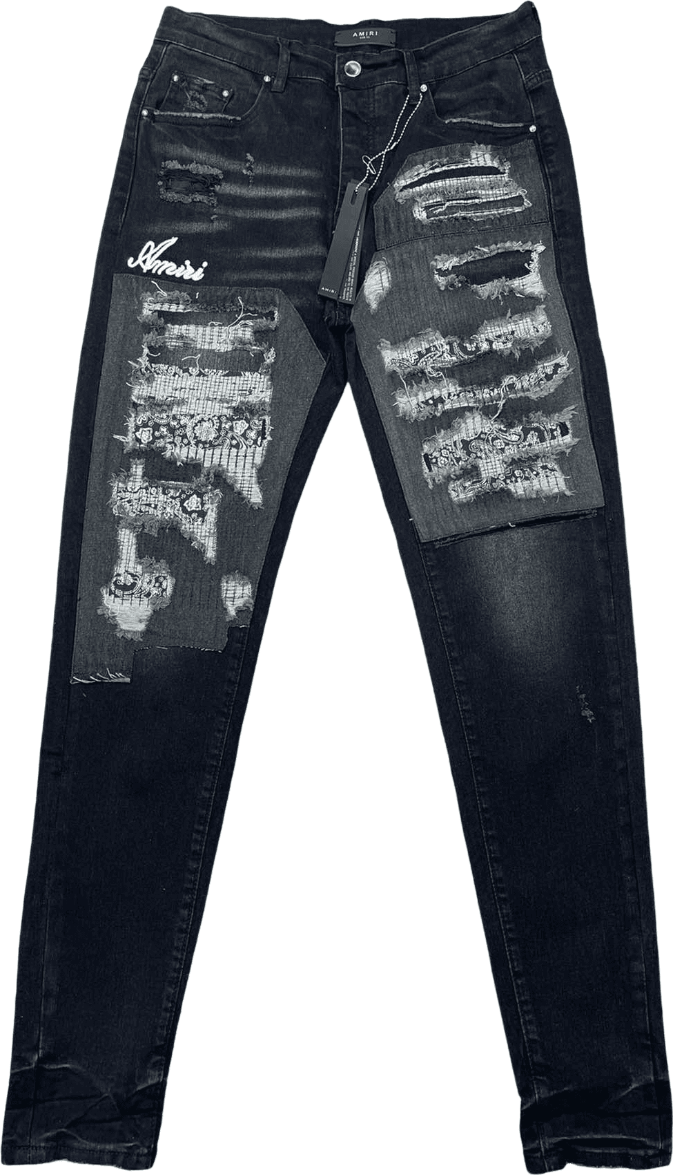 Amiri Pantalon Denim Noir Déchiré avec Patchs Gris