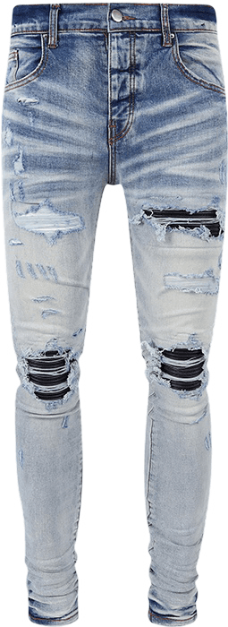 Pantalon Skinny Distressed Bleu Clair avec Détails Noirs