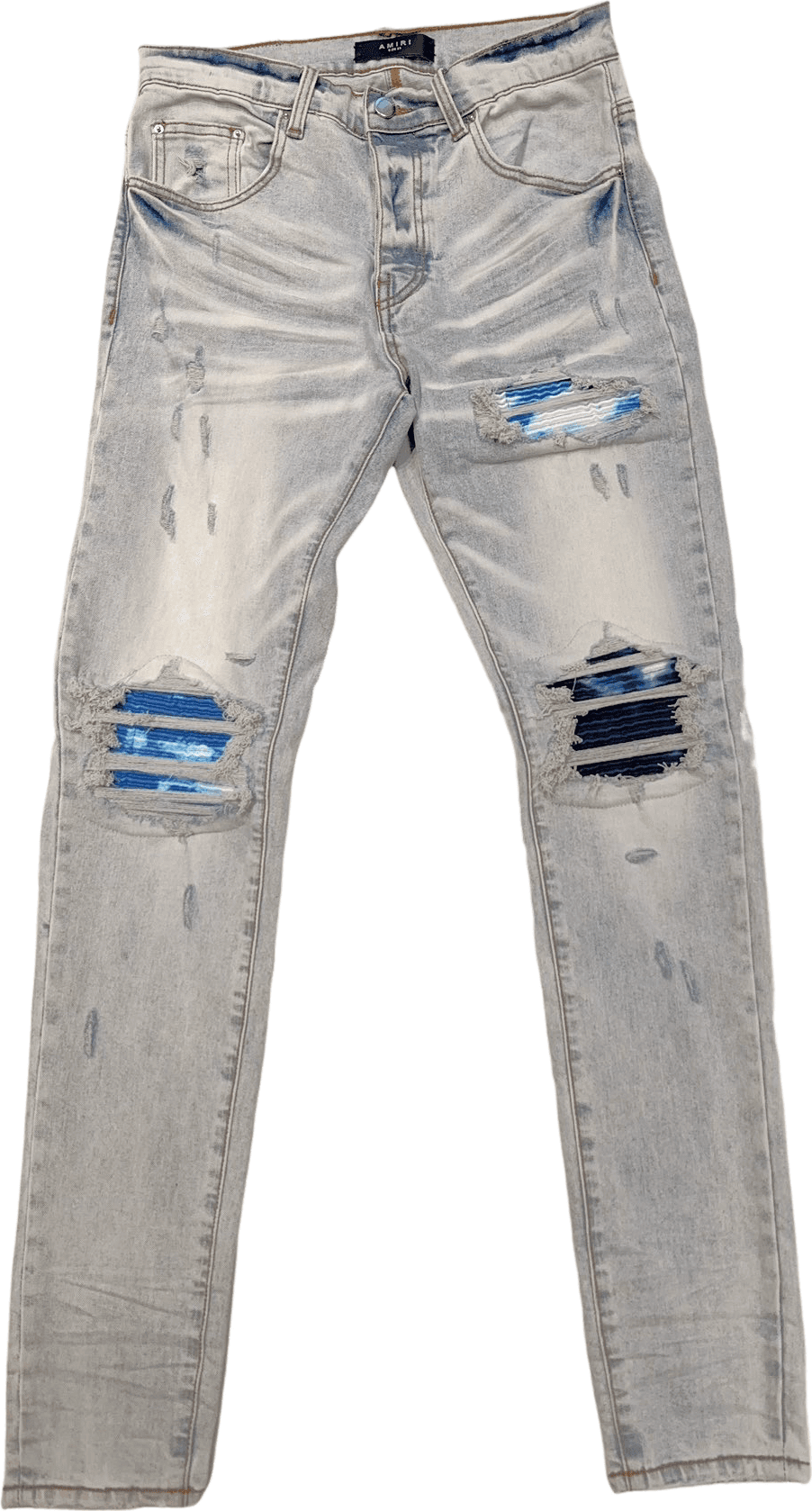 Amiri Jeans Tapered Bleu Clair Déchiré et Patchwork