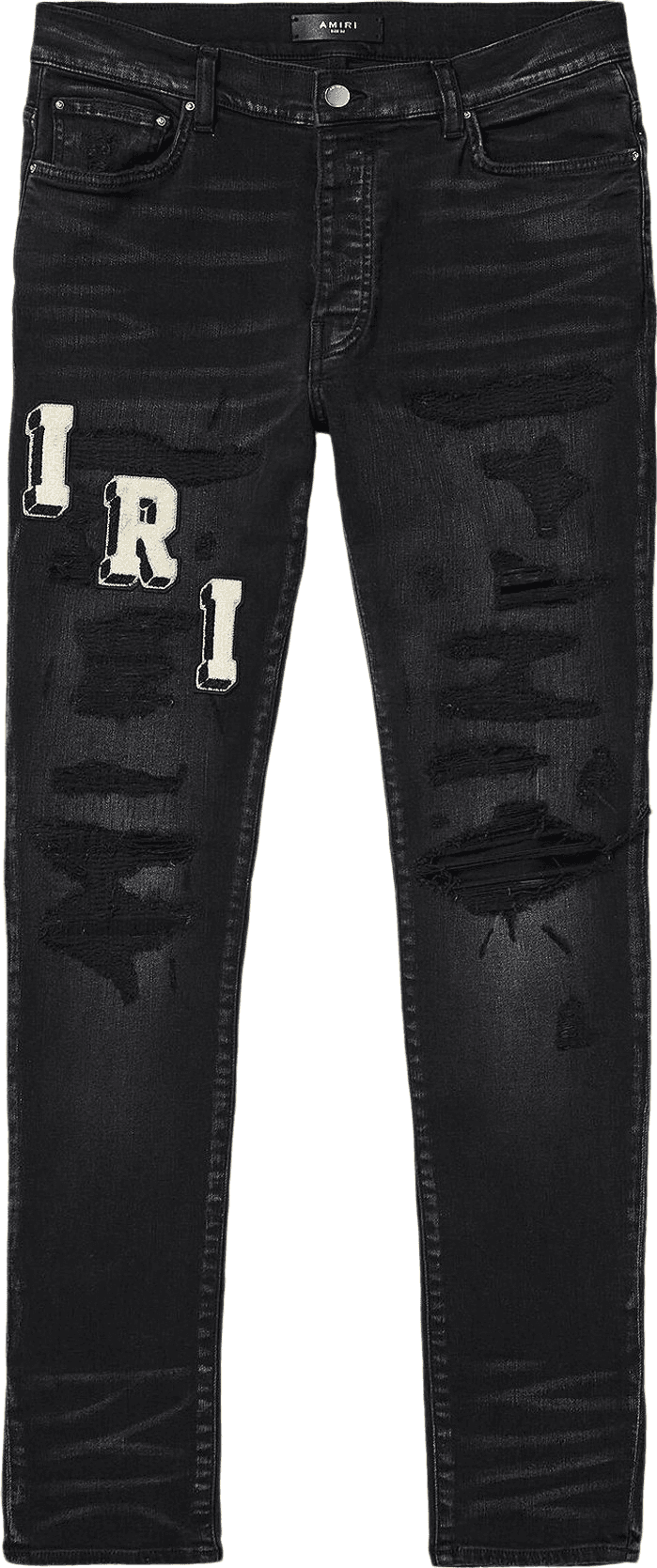 Amiri Pantalon Jeans Noir Distressed Logo Patch