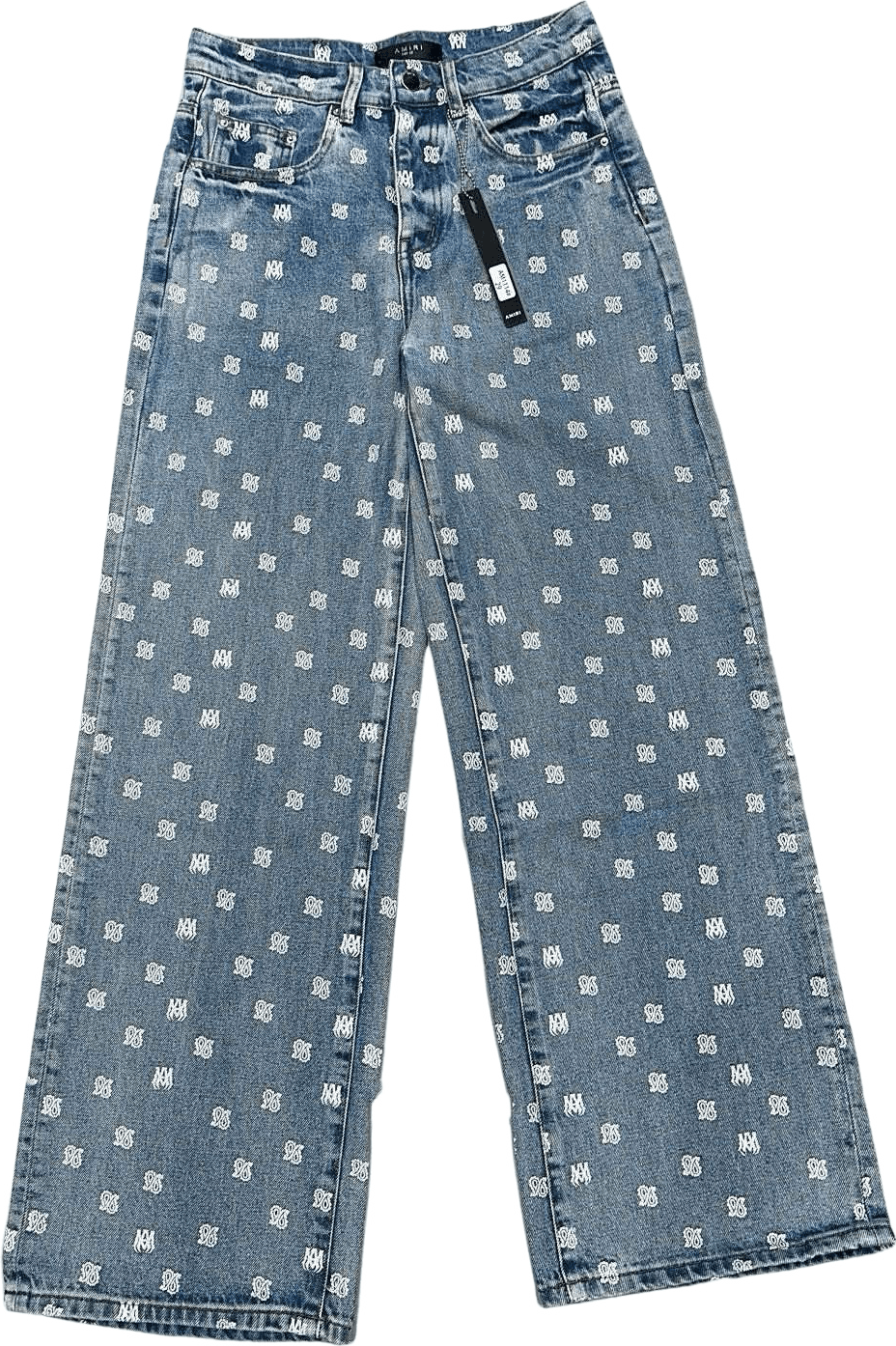 Pantalon Jean Large Motif Monogramme All-Over Bleu Délavé