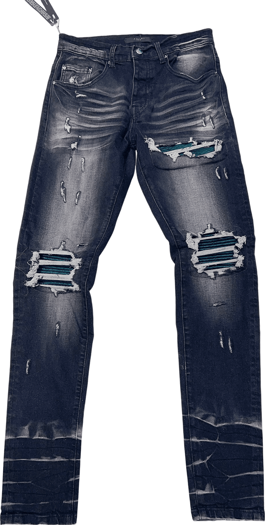 Pantalon Distressed Denim Bleu Indigo avec Inserts Turquoise