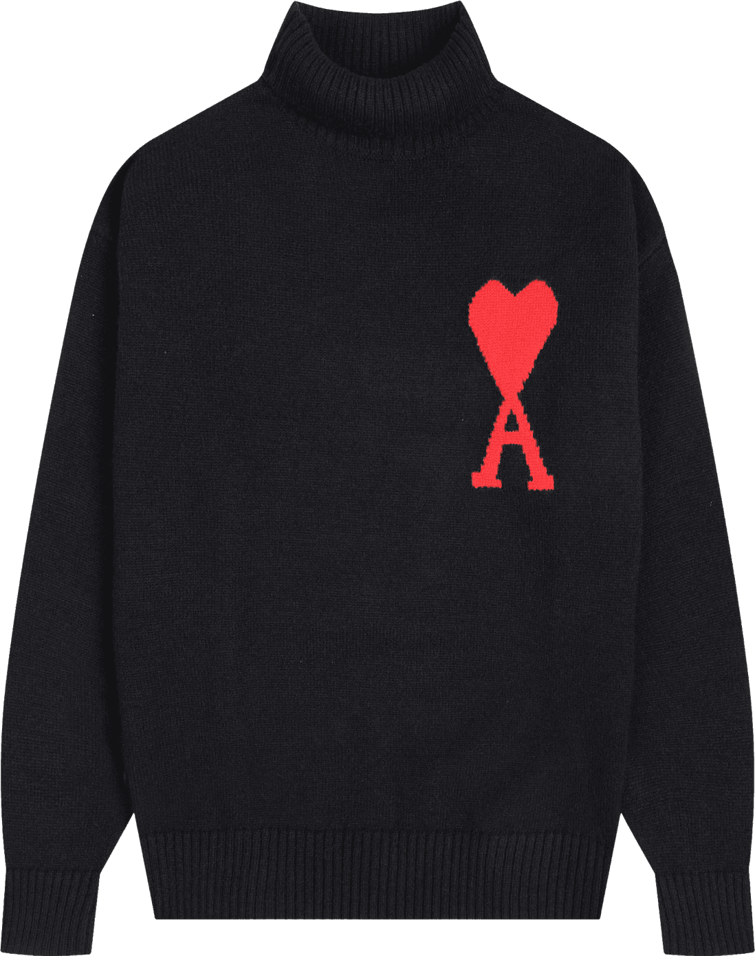 Pull col roulé à motif cœur et lettre A noir et rouge