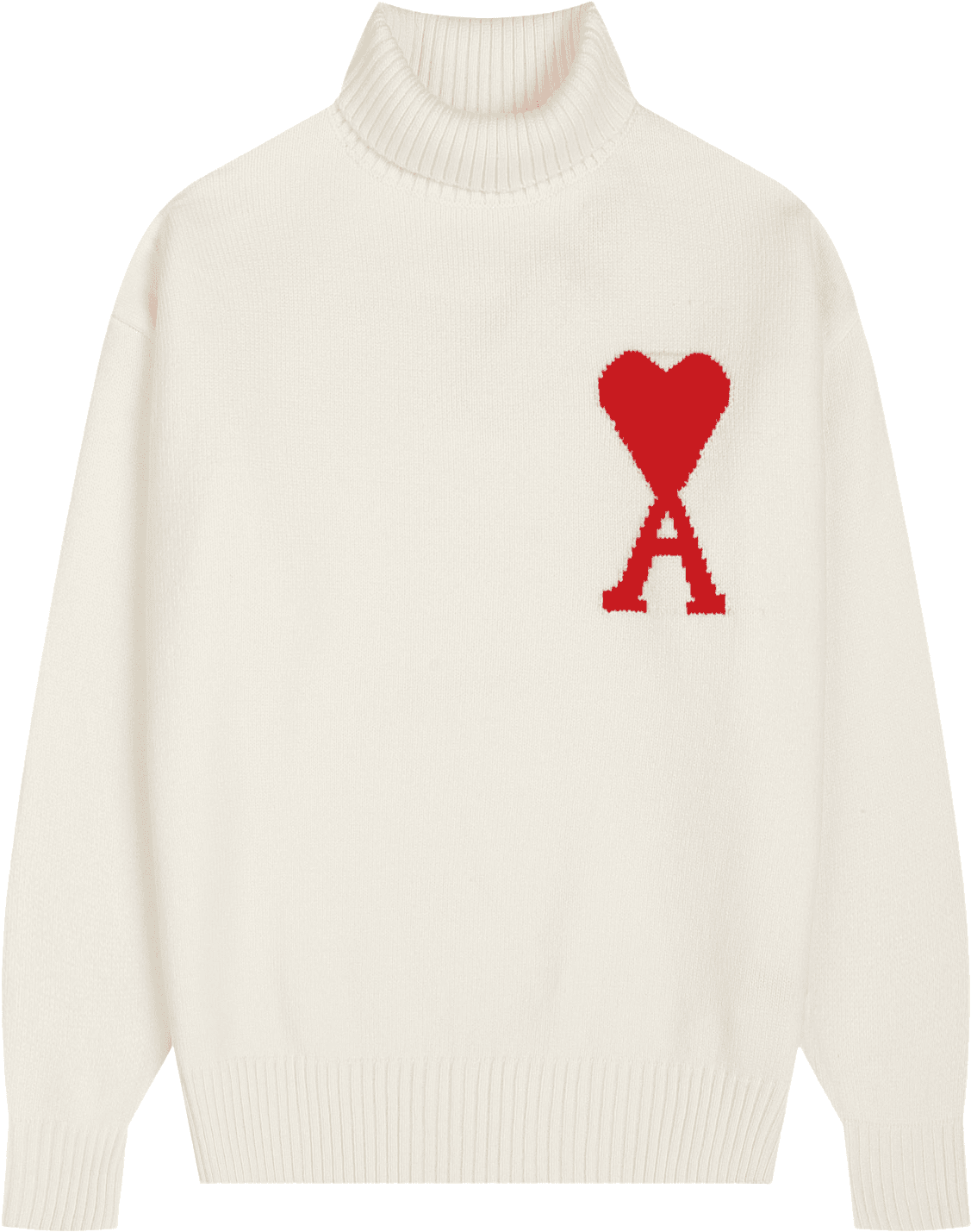 Pull col roulé blanc cassé à motif cœur et lettre A rouge