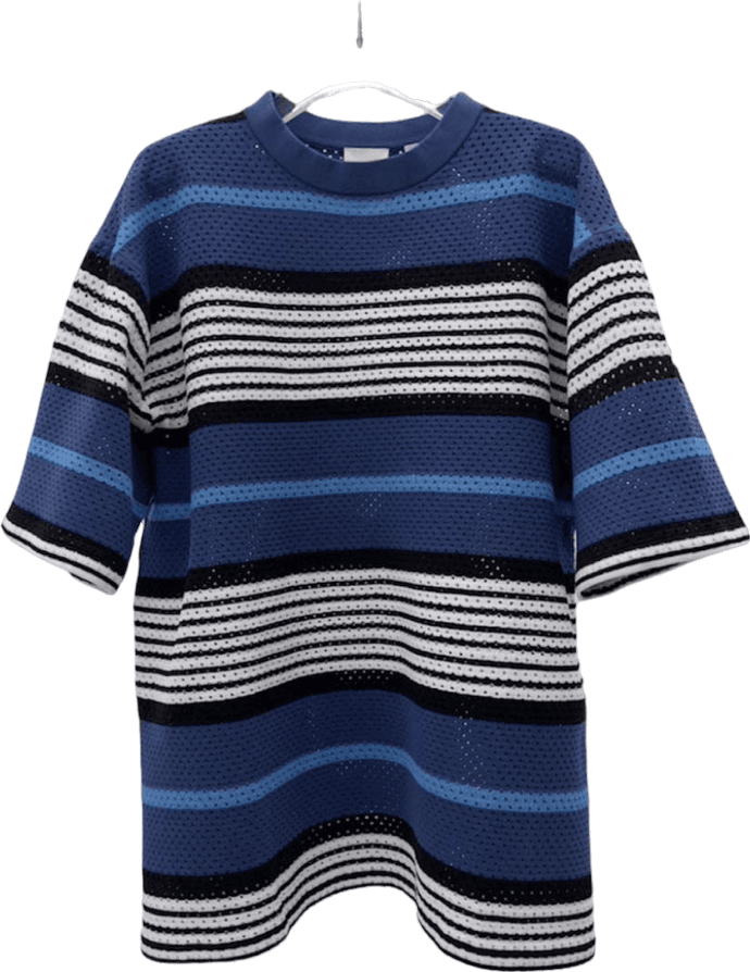 Pull rayé bleu marine, blanc et noir à manches courtes