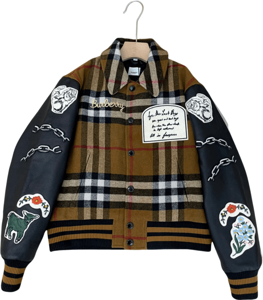 Burberry Veste Teddy Carreaux avec Manches en Cuir Motifs Brodés