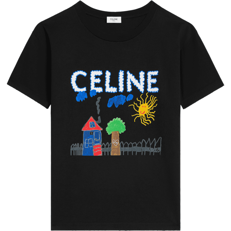 Céline T-shirt Noir Imprimé Maison et Paysage