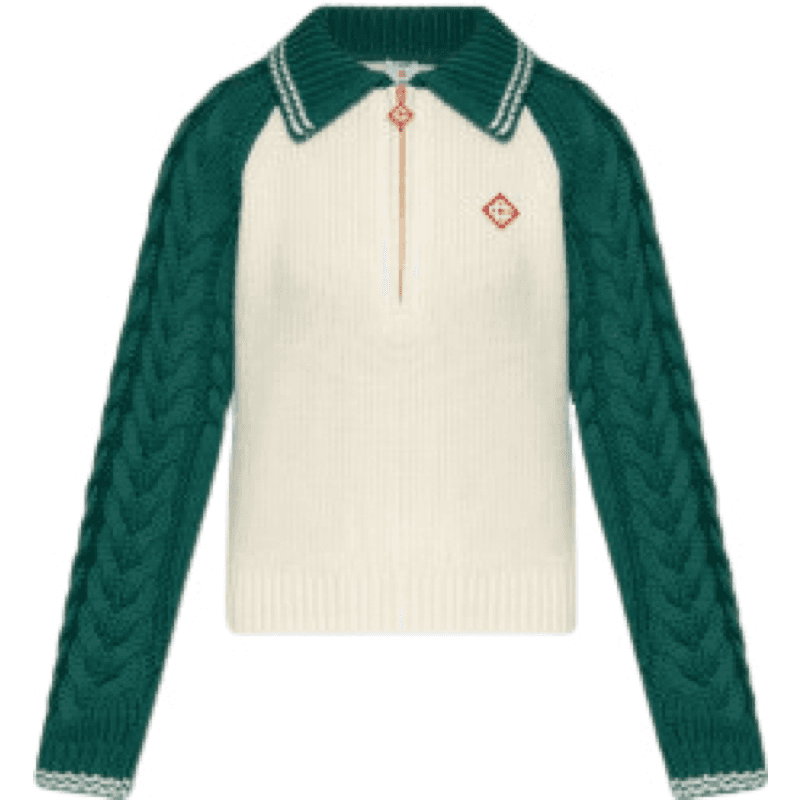Pull Colour-Block Vert et Crème avec Col Polo et Fermeture Éclair
