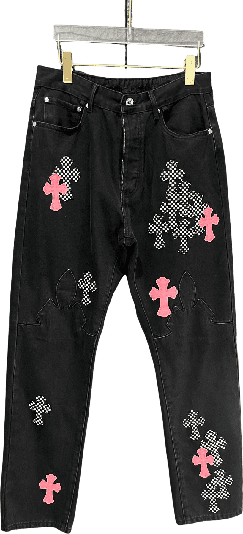 Pantalon Jean Chrome Hearts Cross Checkerboard Noir et Rose