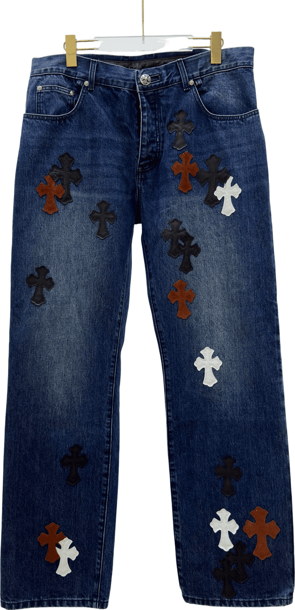 Pantalon Jeans Croix Motif Appliqué Cuir