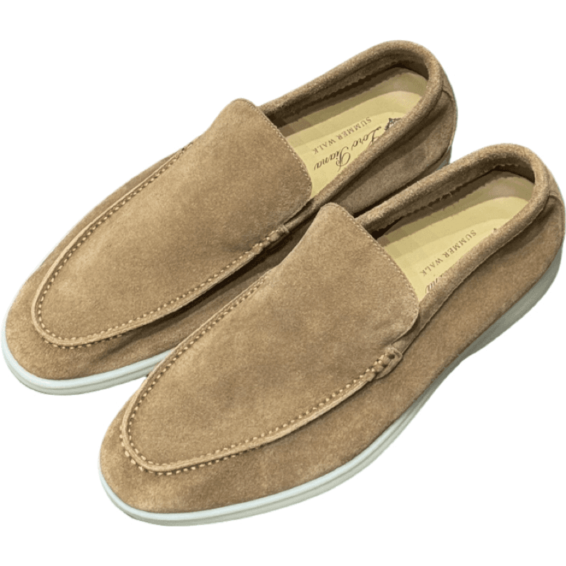 Mocassin loafer en suède beige et semelle blanche