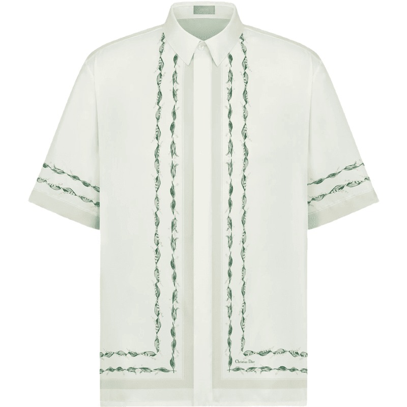 Chemise Christian Dior Soie Motif Feuillages Vert et Blanc