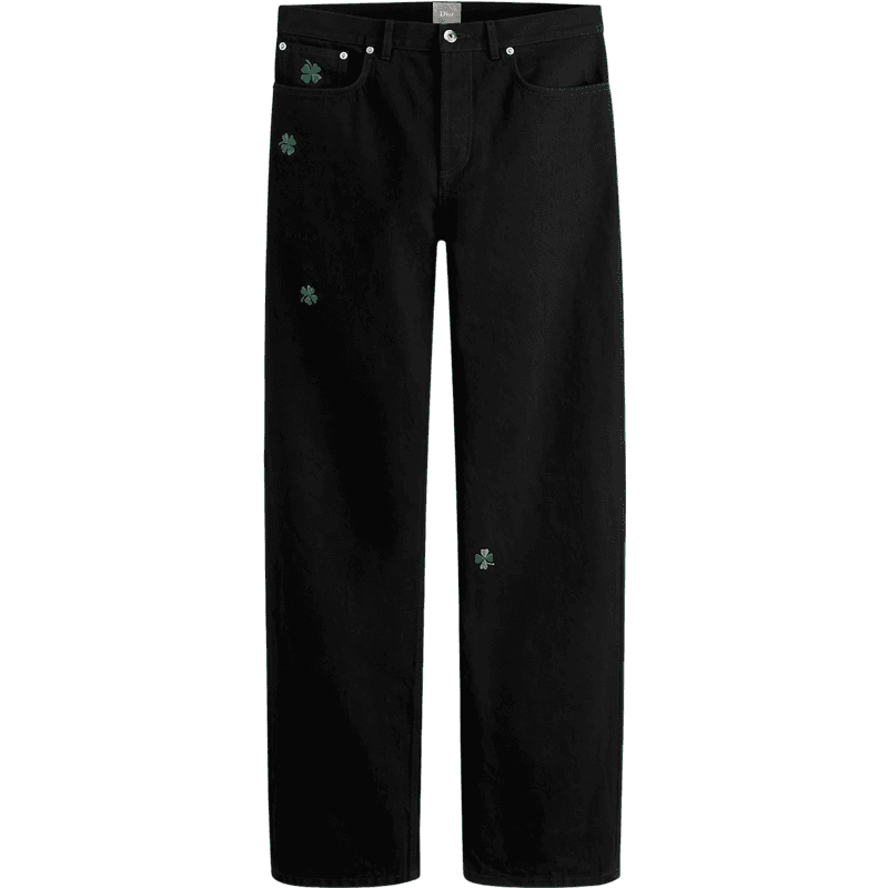 Pantalon Noir Brodé Trèfles Verts