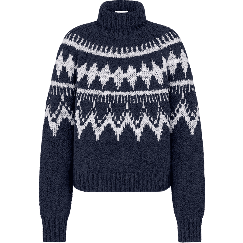 Pull à col roulé jacquard géométrique bleu marine et blanc