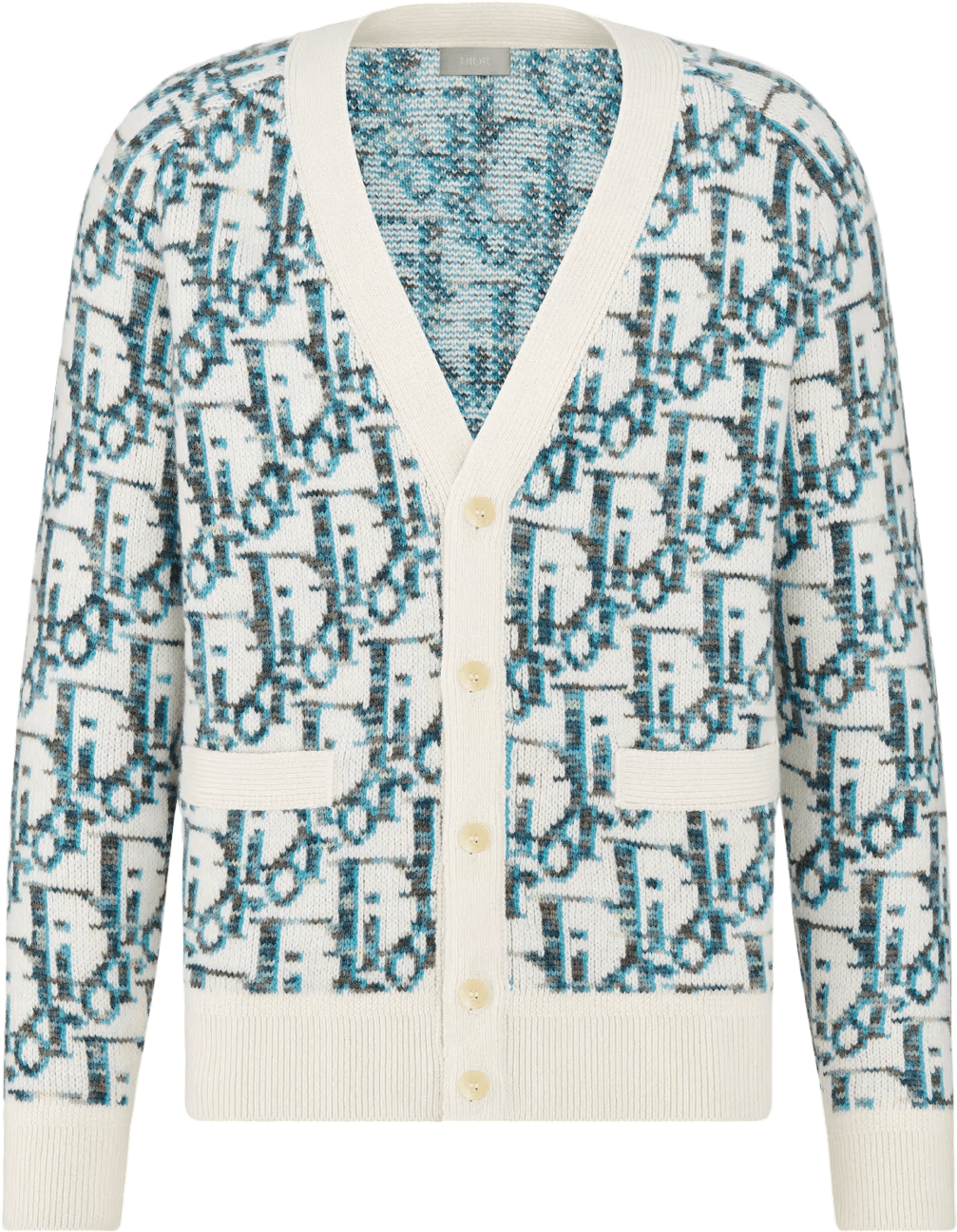 Cardigan Jacquard Motif Géométrique Crème et Bleu Turquoise