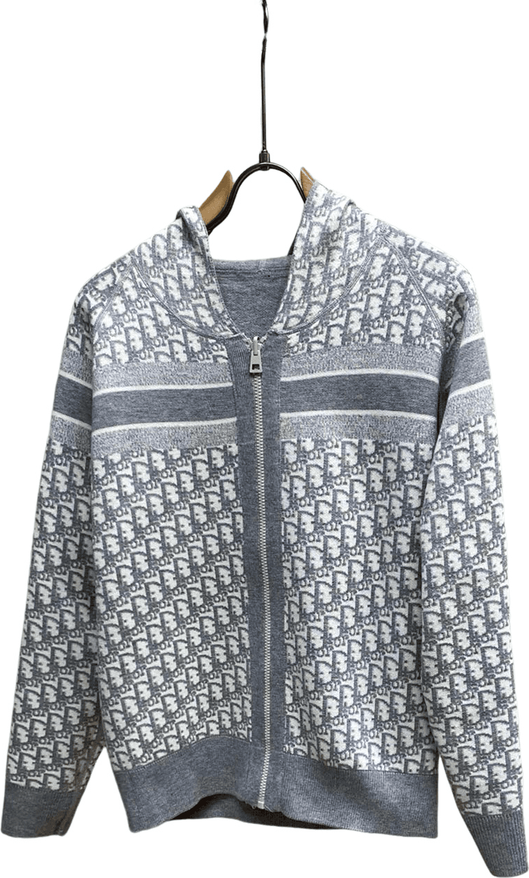 Cardigan Dior Monogram Jacquard Gris et Blanc à Capuche