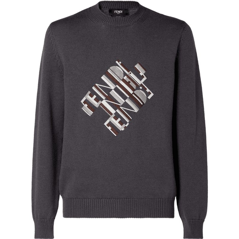 Pull Fendi Gris Anthracite Logo Intarsia
