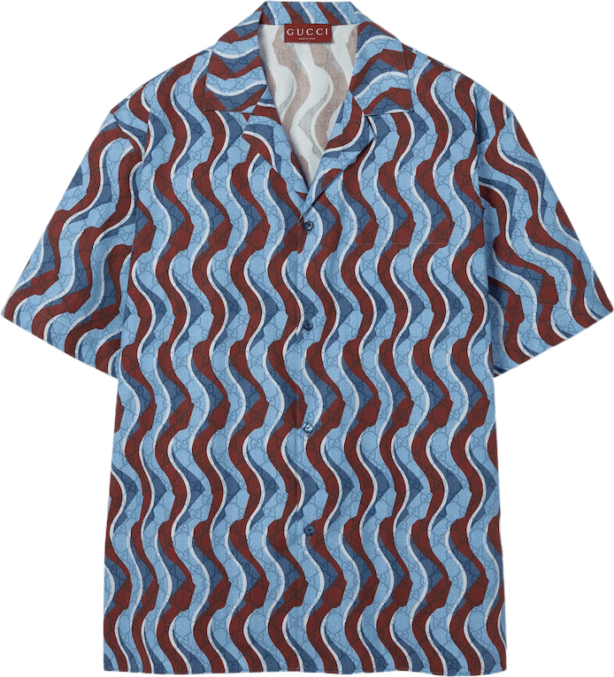 Gucci Chemise Ondulée Bleu et Bordeaux à Manches Courtes