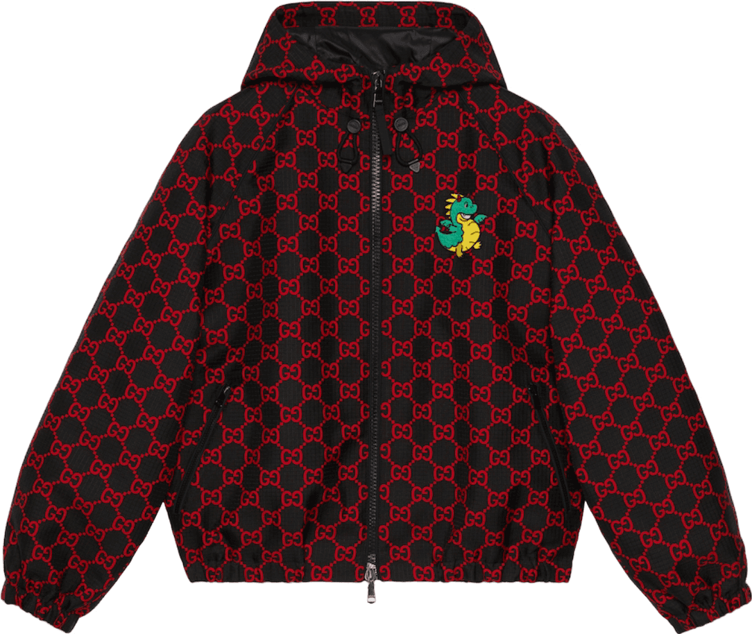 Gucci Veste Coupe-vent GG Monogram avec Dragon Brodé Rouge et Noir
