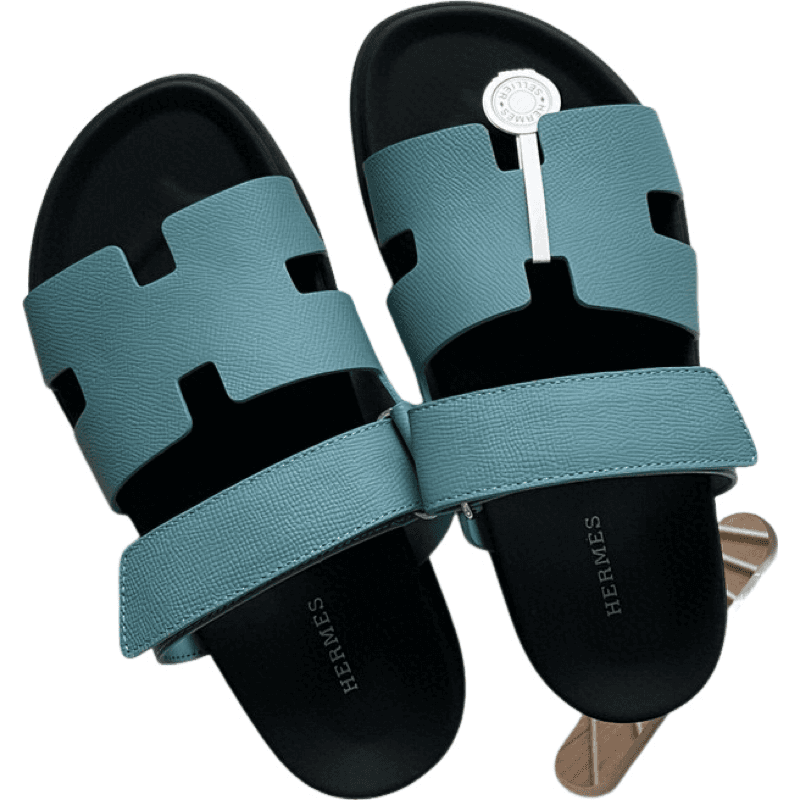 Hermès Chypre Sandales Cuir Epsom Bleu Ciel et Noir