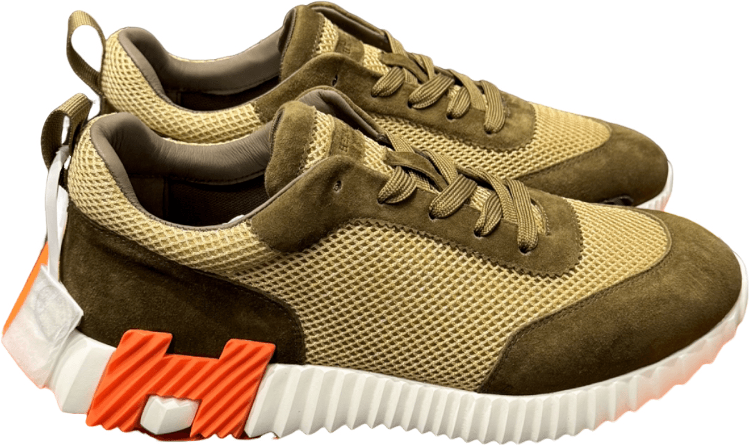 Sneaker Hermès Khaki Mesh et Suède avec Détails Orange