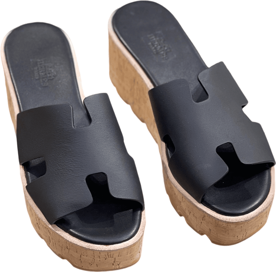 Sandales Hermès Oran en Cuir Noir et Liège