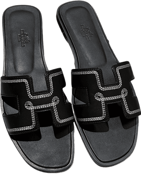 Hermès Oran Sandales Noires avec Piqûres Contrastantes