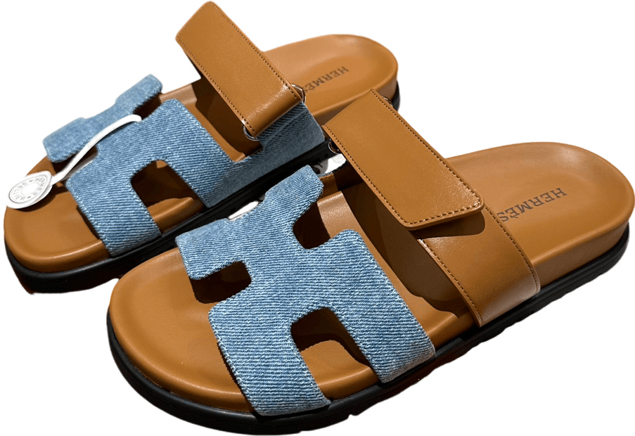 Sandales Hermès Oran Denim et Cuir Cognac