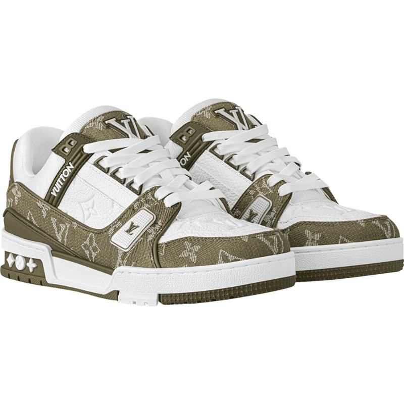 Baskets Louis Vuitton LV Trainer Monogram Toile Olive et Blanc